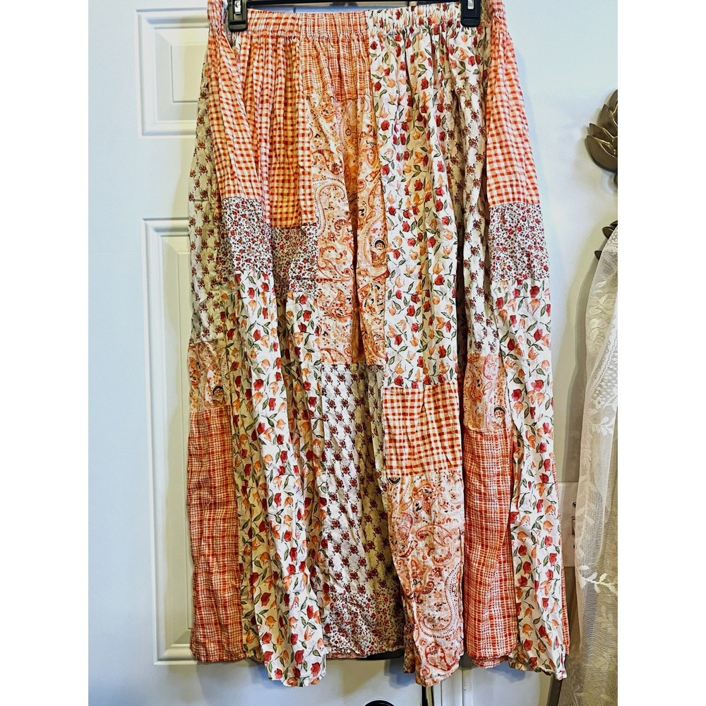 Vintage St Johns Bay Plus 1X Orange Patchwork Cotton Maxi Skirt Cottagecore Boho